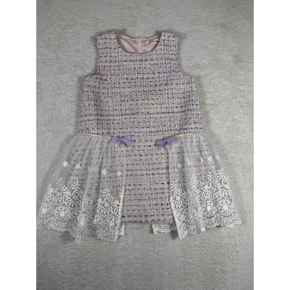 Doe A Dear Tweed Dress Girls 5 Lilac Excellent Lace Peplum Pearl Bow Party Shift